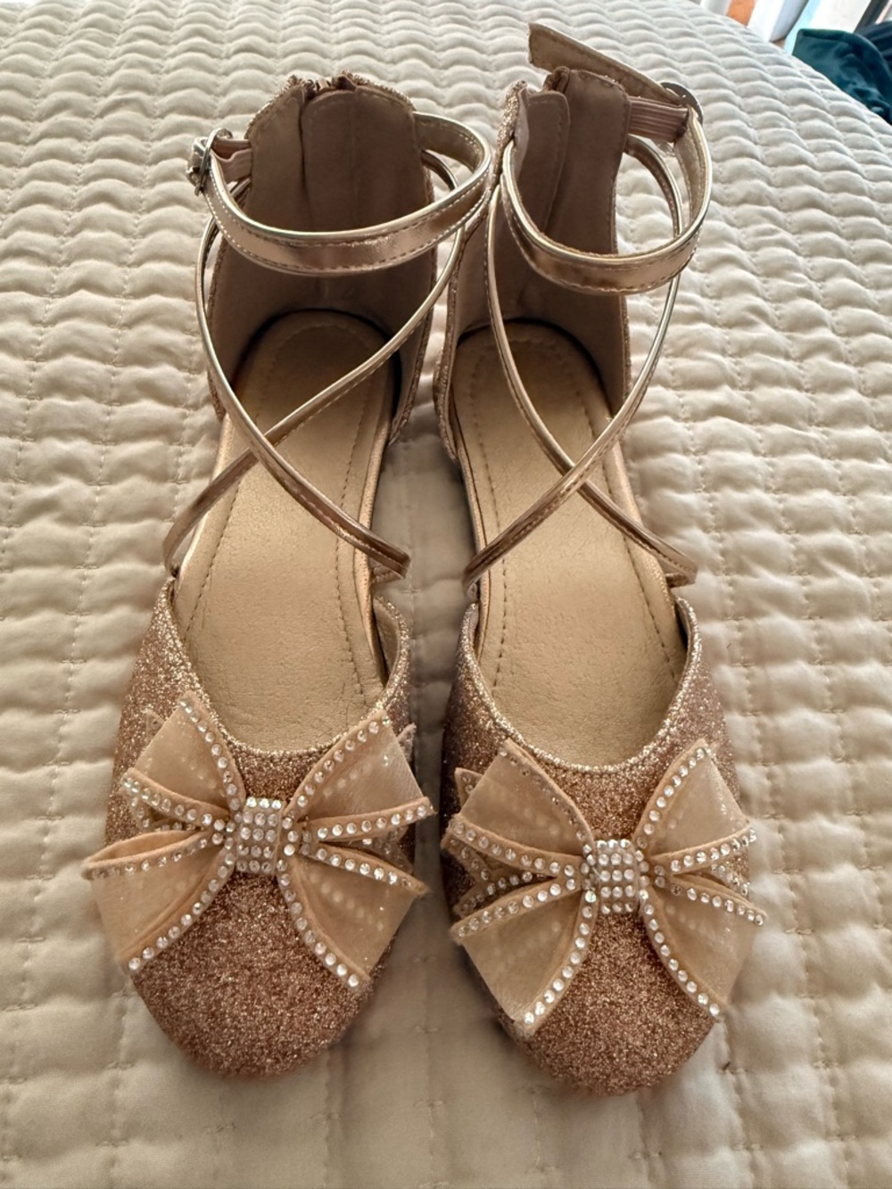 Glitter Bow Ankle-Strap Flats in Rose Gold